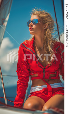 Stylish woman in red sailing outfit enjoying sunny adventure on a yacht Stylish woman in red sailing outfit enjoying sunny adventure on a yacht 128875431