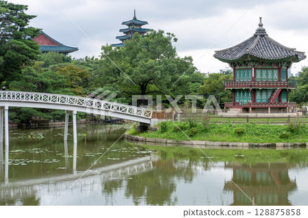 Hyangwonjeong Pavilion, a two stories hexagonal pavilion located on an artificial island in Hyangwonji Pond within Gyeongbokgung Palace in Seoul, South Korea Hyangwonjeong Pavilion, a two stories hexagonal pavilion located on an artificial island in Hyangwonji Pond within Gyeongbokgung Palace in Seoul, South Korea 128875858