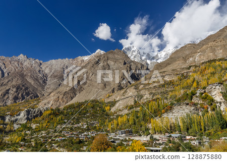 The landscape of Hunza Valley In Autumn Season, with mountain range in the background,Hunza, Pakistan. 128875880