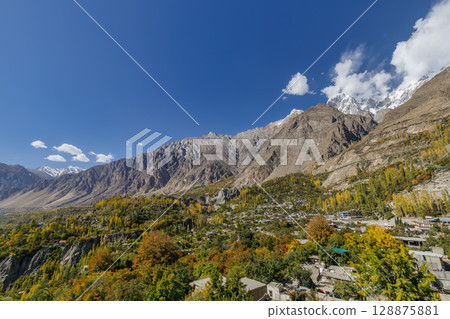 The landscape of Hunza Valley In Autumn Season, with mountain range in the background,Hunza, Pakistan. 128875881