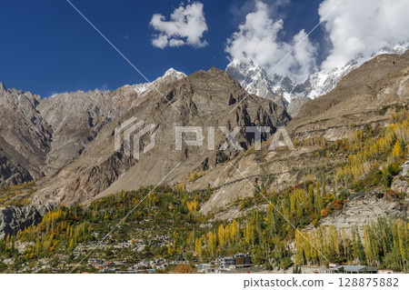 The landscape of Hunza Valley In Autumn Season, with mountain range in the background,Hunza, Pakistan. 128875882