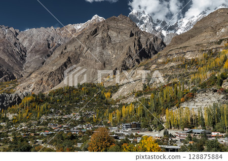 The landscape of Hunza Valley In Autumn Season, with mountain range in the background,Hunza, Pakistan. 128875884