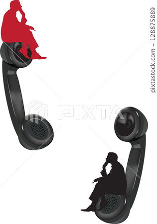 Two businessmen sitting and thinking on telephone receivers Two businessmen sitting and thinking on telephone receivers 128875889