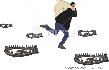 Man dressed in black in mask avoids traps and alarm- 128875908