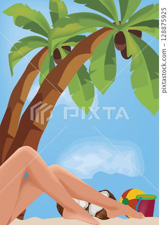 Woman relaxing on a tropical beach under palm trees with coconuts and beach toys 128875925