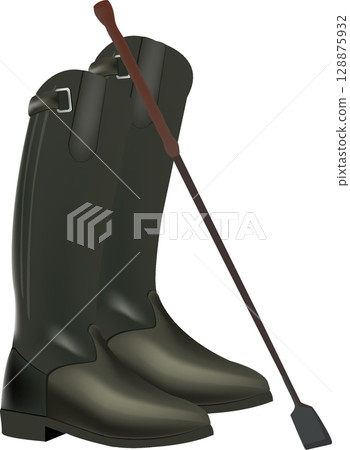 Elegant black leather riding boots and crop for equestrian activities 128875932