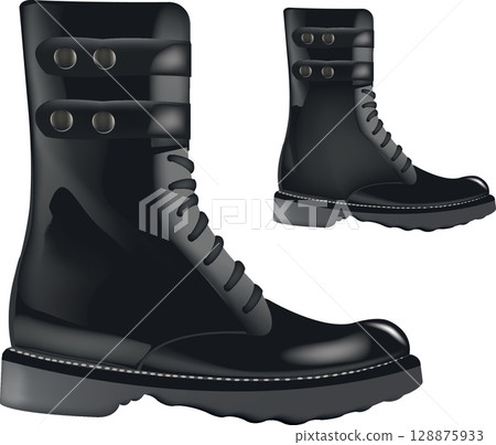 Shiny black combat boots with buckles and laces Shiny black combat boots with buckles and laces 128875933