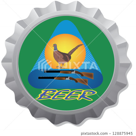 Metal bottle cap showing pheasant, shotguns and the word beer 128875945