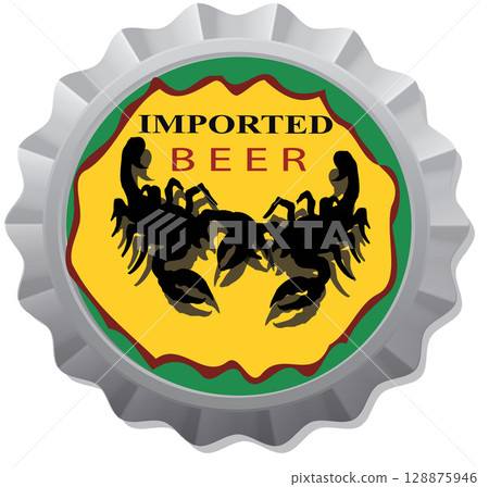 Imported beer crown cap showing two scorpions facing each other 128875946