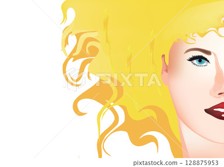 Blonde woman with long wavy hair and blue eyes smiling Blonde woman with long wavy hair and blue eyes smiling 128875953