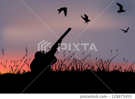 Hunter with dog and rifle hunting at dawn- 128875955