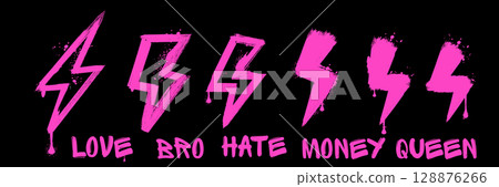 Spray PINK graffiti element set of ENERGY Lightning bolt with grungy texture. Grunge ink graphic symbols of flash, danger, energy and thunder isolated on black background for printing on t shirt 128876266