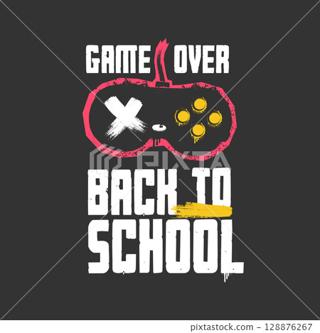 Game Over Back to School banner and poster Design Vector Stylized Pink and White Gaming Controller with Grunge Texture isolated on Black Background, Back to school funny print and sticker 128876267