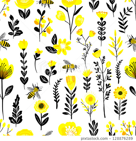 Seamless pattern white background yellow flowers and bees. hand drawn. Not AI, Vector illustration 128876289