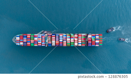 Aerial view container ship cargo freight shipping international, Global business freight shipping import export logistic transportation container ship, Container ship cargo sea freight container ship. 128876305