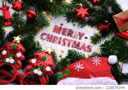 Abstract background of Christmas attributes The inscription merry Christmas. 128876344