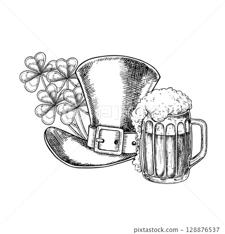 Leprechaun cylinder with a shamrock and a beer mug. Vector, black and white graphic illustration. Conceptual design for St. Patrick s Day. For greeting cards, banners and flyer, packaging, invitation. Leprechaun cylinder with a shamrock and a beer mug. Vector, black and white graphic illustration. Conceptual design for St. Patrick s Day. For greeting cards, banners and flyer, packaging, invitation. 128876537