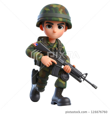 3D Cartoon Soldier in Military Uniform with Rifle 3D Cartoon Soldier in Military Uniform with Rifle 128876760