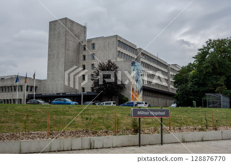 Belgium, Queen Astrid Military Hospital in Neder-Over-Heembeek with inscription in Flemish. The Burn Center 128876770