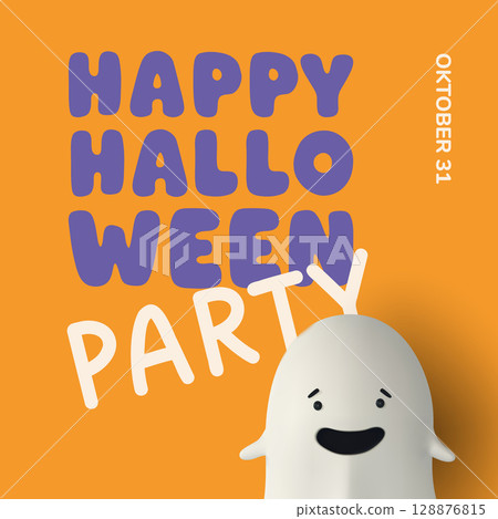 Cute Halloween party poster with 3D ghost and bold typography. Colorful orange background with playful letters and holiday text. Perfect for kids celebration, flyer, or party invitation. Vector 128876815