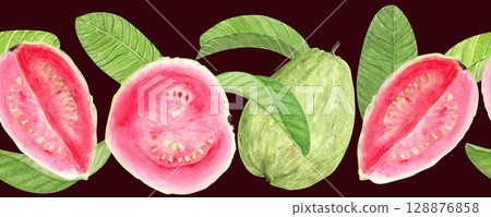 Ripe pink guava fruits and green leaves watercolor seamless border on black background. Hand painted art ideal for tropical packaging design, cosmetics, juice labels, invitations, organic food Ripe pink guava fruits and green leaves watercolor seamless border on black background. Hand painted art ideal for tropical packaging design, cosmetics, juice labels, invitations, organic food 128876858