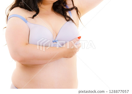 Woman big breast wearing bra Woman big breast wearing bra 128877057
