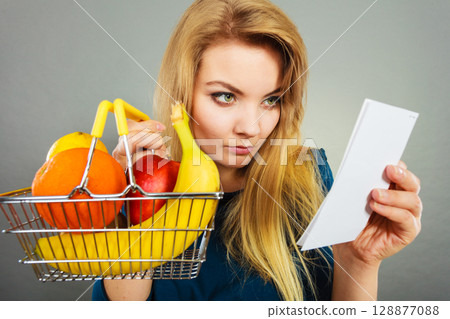 Worried woman holding shopping basket with fruits Worried woman holding shopping basket with fruits 128877088