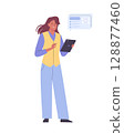 Woman holding tablet and surfing internet. Concept of analyzing data, reading online, education, communication. Flat vector illustration 128877460
