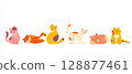 Cats in a row cute set. Funny Pet animals characters in different poses, sitting, lying and sleeping. Flat color design 128877461