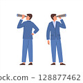 Businessman looking through telescope. Male character in suit standing back and front. Business concept 128877462