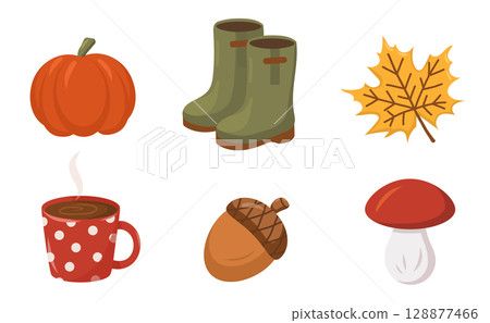 Autumn illustration with pumpkin, hot drink in cup, rubber boots, acorn, mushroom and autumn leaves. Cartoon vector illustration 128877466