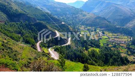 Twisted road to Sacred Valley of Incas in Peru 128877504