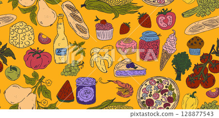 The Dolce Vita collection is a whimsical seamless pattern with vibrant color accents, inspired by the Mediterranean lifestyle. Hand-drawn sketch style 128877543