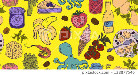 The Dolce Vita collection is a whimsical seamless pattern with vibrant color accents, inspired by the Mediterranean lifestyle. Hand-drawn sketch style 128877546