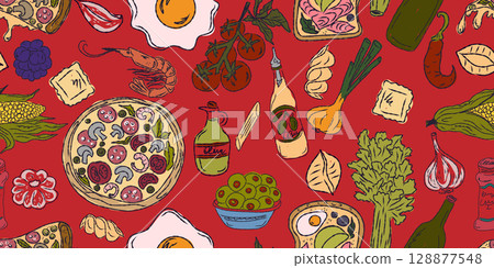 The Dolce Vita collection is a whimsical seamless pattern with vibrant color accents, inspired by the Mediterranean lifestyle. Hand-drawn sketch style 128877548