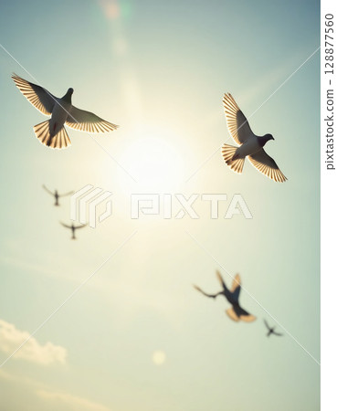 Flock of doves gracefully gliding through a sky, painted with warm hues of sunset Generative AI Flock of doves gracefully gliding through a sky, painted with warm hues of sunset Generative AI 128877560