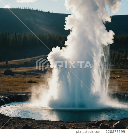 A powerful geyser shoots up a towering plume of steam and water into the air, surrounded by lush greenery and distant mountains, capturing a magical moment in nature's beauty Generative AI 128877599