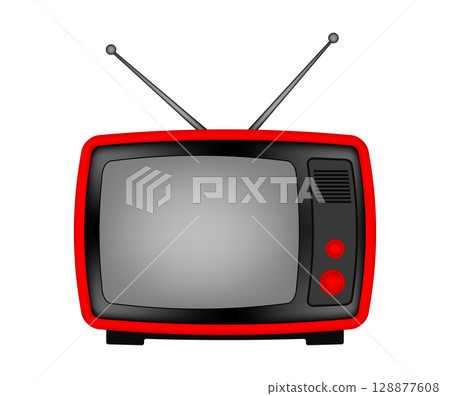 Red retro TV with antenna. Vintage television set. Old device 128877608