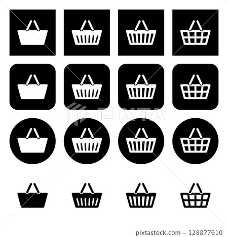 Set of shopping basket icons. Set of black and white round and square icons. 128877610