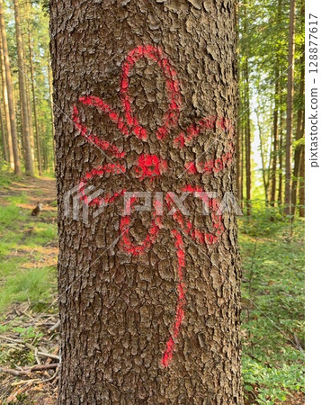 Tree with a red flower drawn on it Tree with a red flower drawn on it 128877617