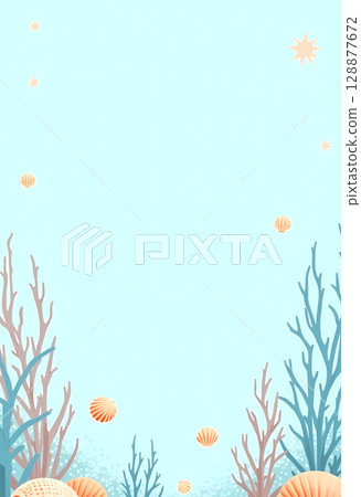 Delicate coral formations rise from the sandy ocean floor, while graceful shells drift through the tranquil blue waters, creating a serene underwater paradise Generative AI 128877672