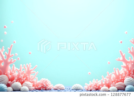 A stunning underwater landscape showcases vivid coral formations and an array of colorful seashells scattered across the sandy ocean floor. The soft light creates a tranquil ambiance Generative AI 128877677