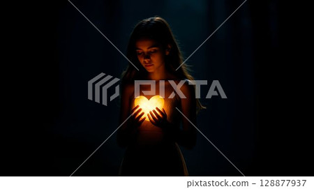 Young girl in a serene forest holding a glowing heart at dusk, surrounded by darkness 128877937