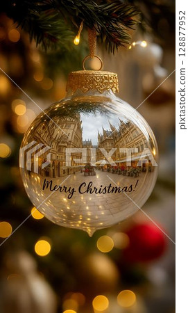 Reflection of a festive city street captured in a Christmas ornament hanging among twinkling lights 128877952