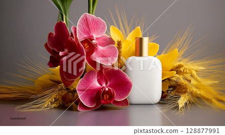 Elegant floral arrangement with perfume bottle featuring vibrant orchids and wheat at a stylish indoor setting Elegant floral arrangement with perfume bottle featuring vibrant orchids and wheat at a stylish indoor setting 128877991