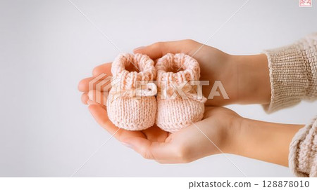 Soft knitted baby booties held gently in hands against a clean white background during a cozy indoor setting 128878010