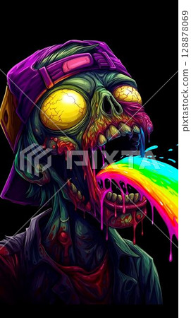 Colorful zombie character with exaggerated features and vibrant rainbow colors in a creative art style Colorful zombie character with exaggerated features and vibrant rainbow colors in a creative art style 128878069
