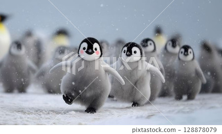 Cute penguin chicks waddle across snow in Antarctica during winter, displaying playful behavior amongst a colony 128878079