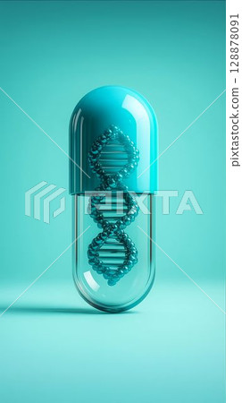 Innovative capsule design featuring DNA structure, set against a vibrant teal background in a modern style 128878091