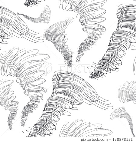 Tornado vector seamless pattern line art with swirls outline drawing . Repeated background of hurricane as scribble for design print, wallpaper. Dynamic spiral monochrome lines pen painting. 128878151